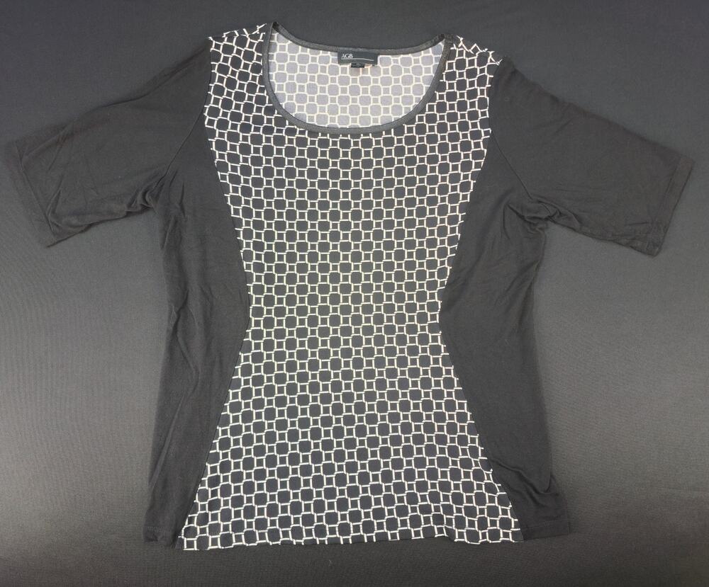 AGB Womens XL Black White Geometric Print 3/4 Sleeve Stretch Knit Blouse Top